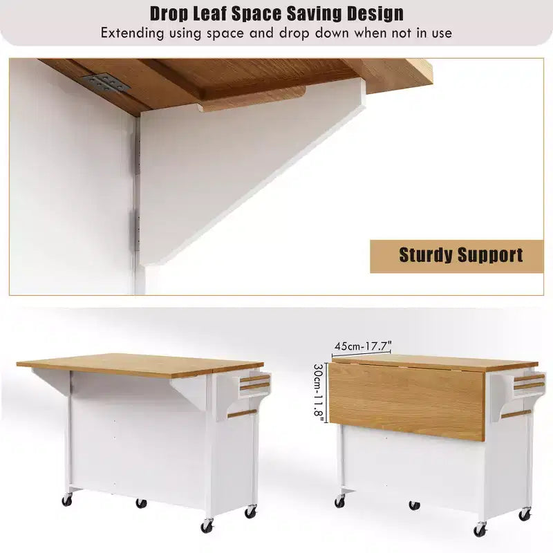 52" Kitchen Island with Embossed Texture, Spice Rack, Drop Leaf & 5 Drawers – Rolling Cart with Lockable Wheels