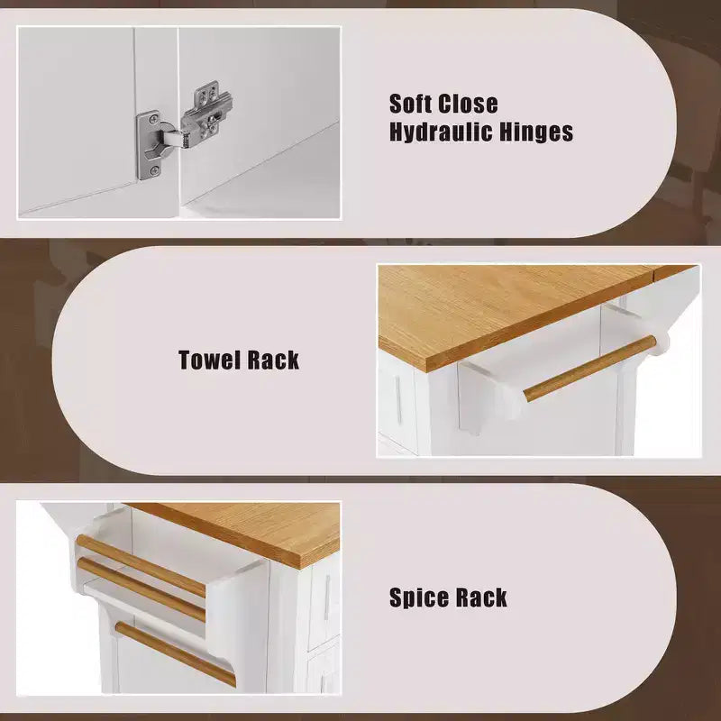 52" Kitchen Island with Embossed Texture, Spice Rack, Drop Leaf & 5 Drawers – Rolling Cart with Lockable Wheels