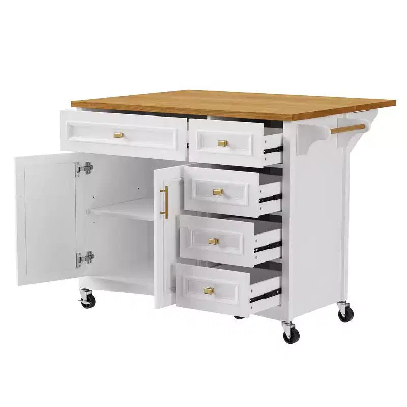 52" Kitchen Island with Embossed Texture, Spice Rack, Drop Leaf & 5 Drawers – Rolling Cart with Lockable Wheels