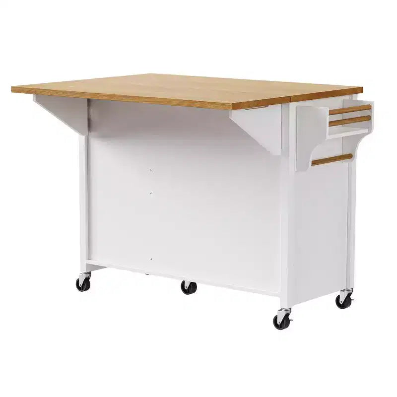 52" Kitchen Island with Embossed Texture, Spice Rack, Drop Leaf & 5 Drawers – Rolling Cart with Lockable Wheels