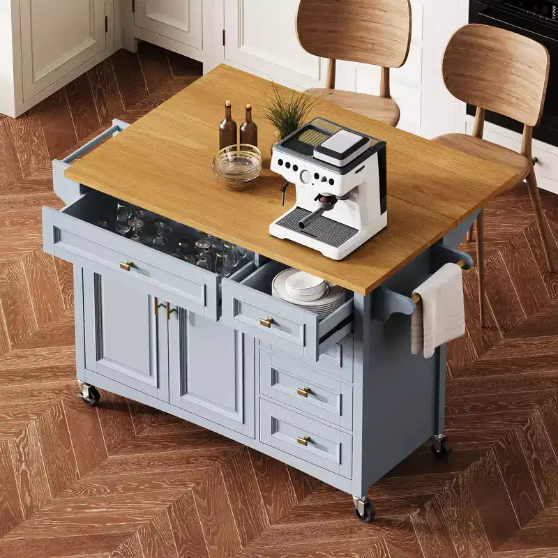 52" Kitchen Island with Embossed Texture, Spice Rack, Drop Leaf & 5 Drawers – Rolling Cart with Lockable Wheels