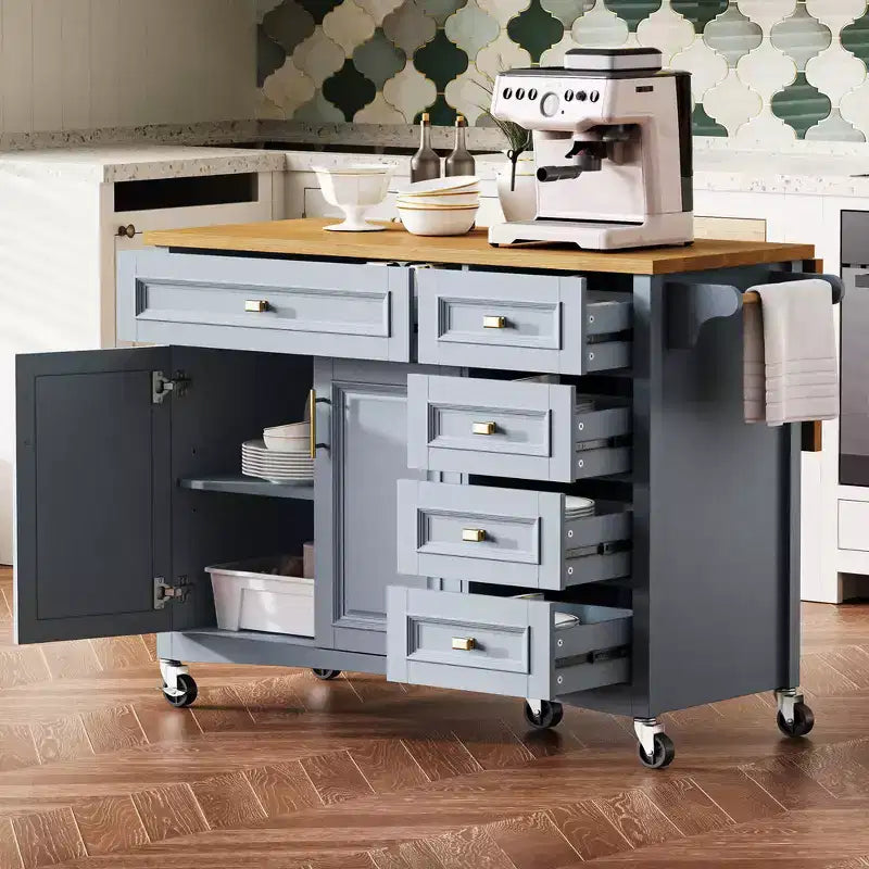 52" Kitchen Island with Embossed Texture, Spice Rack, Drop Leaf & 5 Drawers – Rolling Cart with Lockable Wheels