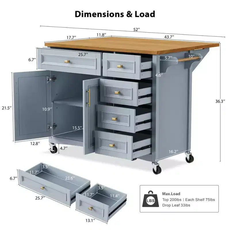 52" Kitchen Island with Embossed Texture, Spice Rack, Drop Leaf & 5 Drawers – Rolling Cart with Lockable Wheels