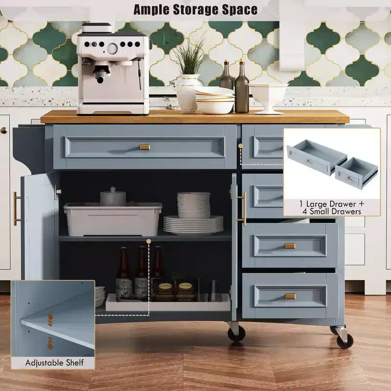 52" Kitchen Island with Embossed Texture, Spice Rack, Drop Leaf & 5 Drawers – Rolling Cart with Lockable Wheels