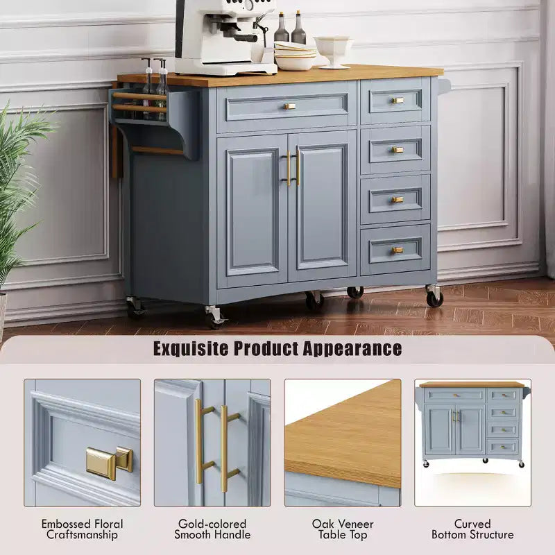 52" Kitchen Island with Embossed Texture, Spice Rack, Drop Leaf & 5 Drawers – Rolling Cart with Lockable Wheels