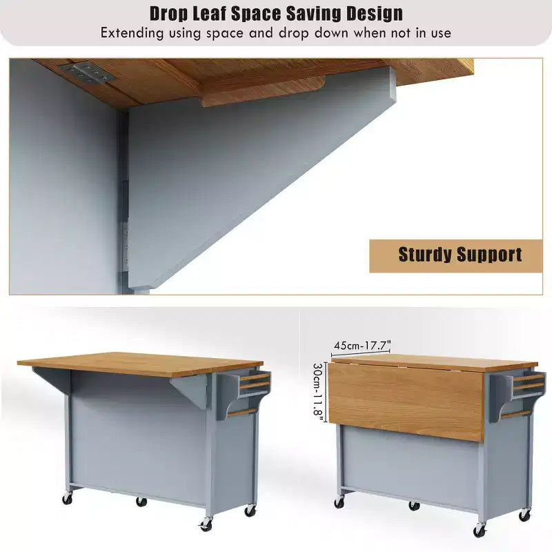 52" Kitchen Island with Embossed Texture, Spice Rack, Drop Leaf & 5 Drawers – Rolling Cart with Lockable Wheels