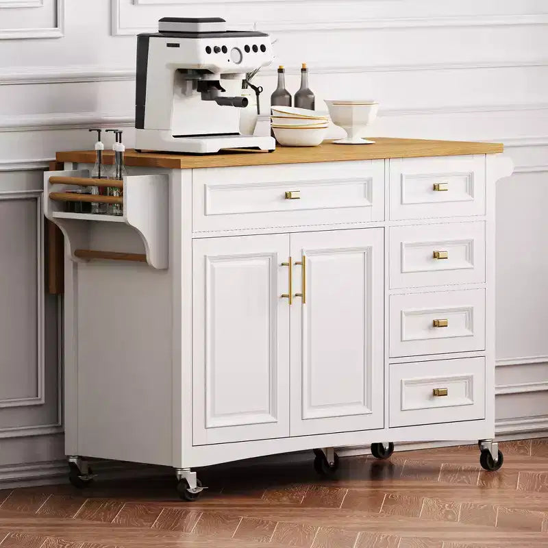 52" Kitchen Island with Embossed Texture, Spice Rack, Drop Leaf & 5 Drawers – Rolling Cart with Lockable Wheels