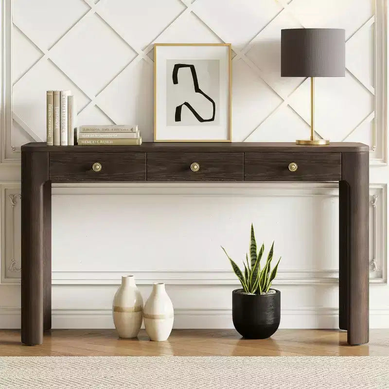 52" Curved Edge Console Table with 3 Hidden Drawers – Rustic Wood Veneer Entryway Table
