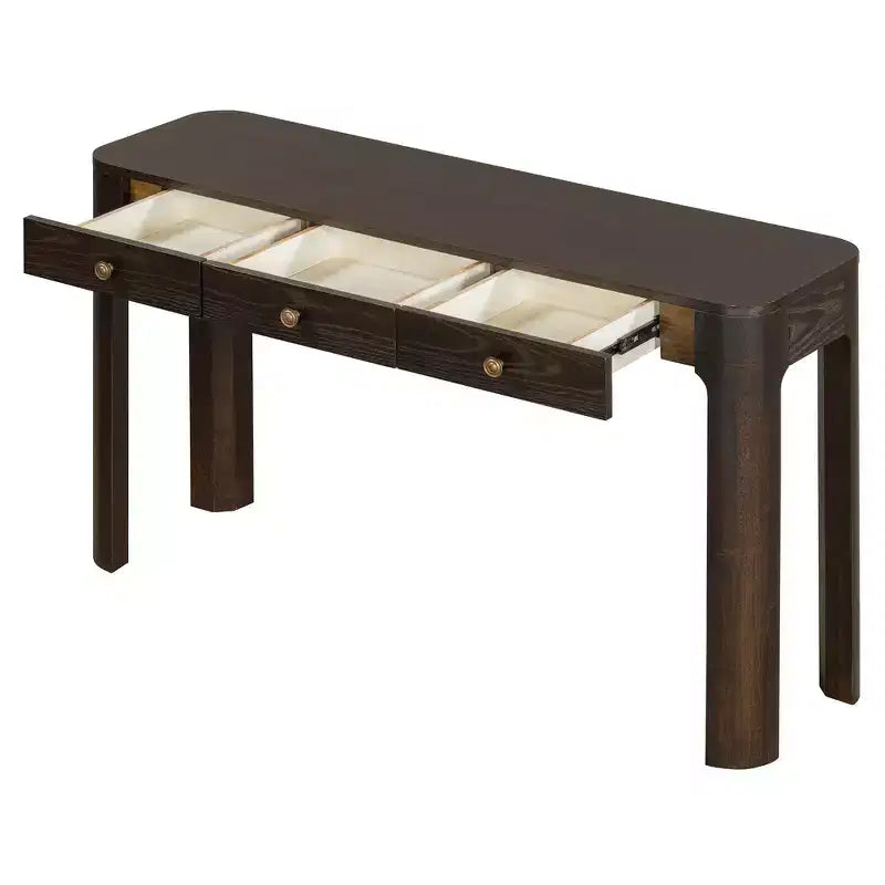 52" Curved Edge Console Table with 3 Hidden Drawers – Rustic Wood Veneer Entryway Table