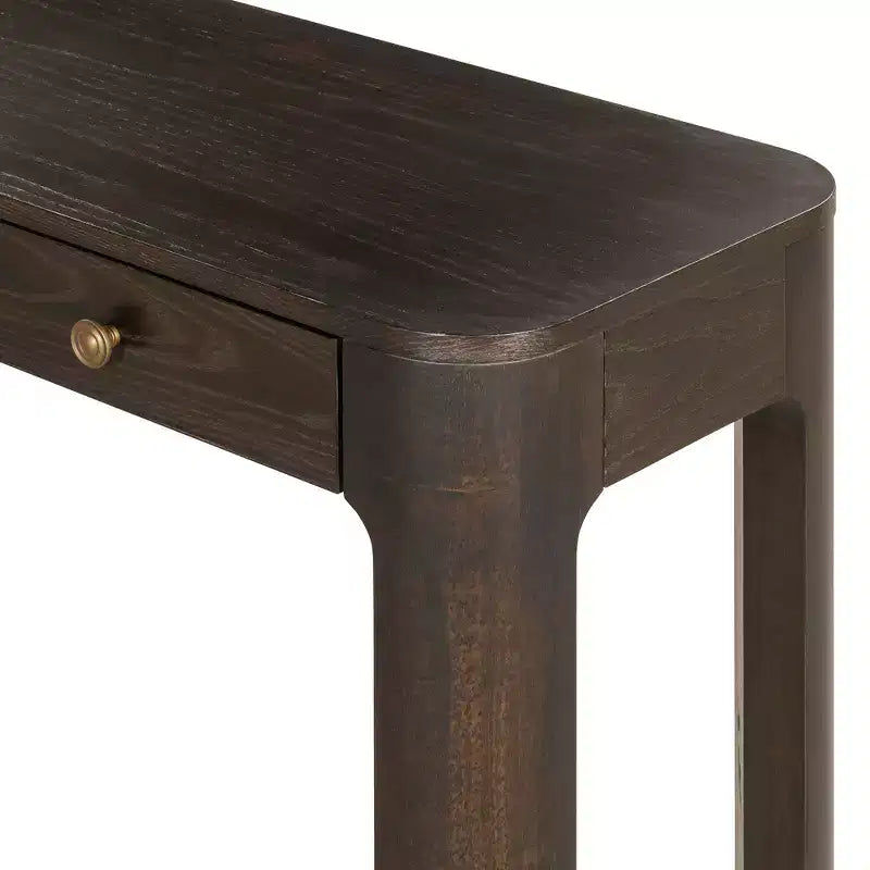 52" Curved Edge Console Table with 3 Hidden Drawers – Rustic Wood Veneer Entryway Table