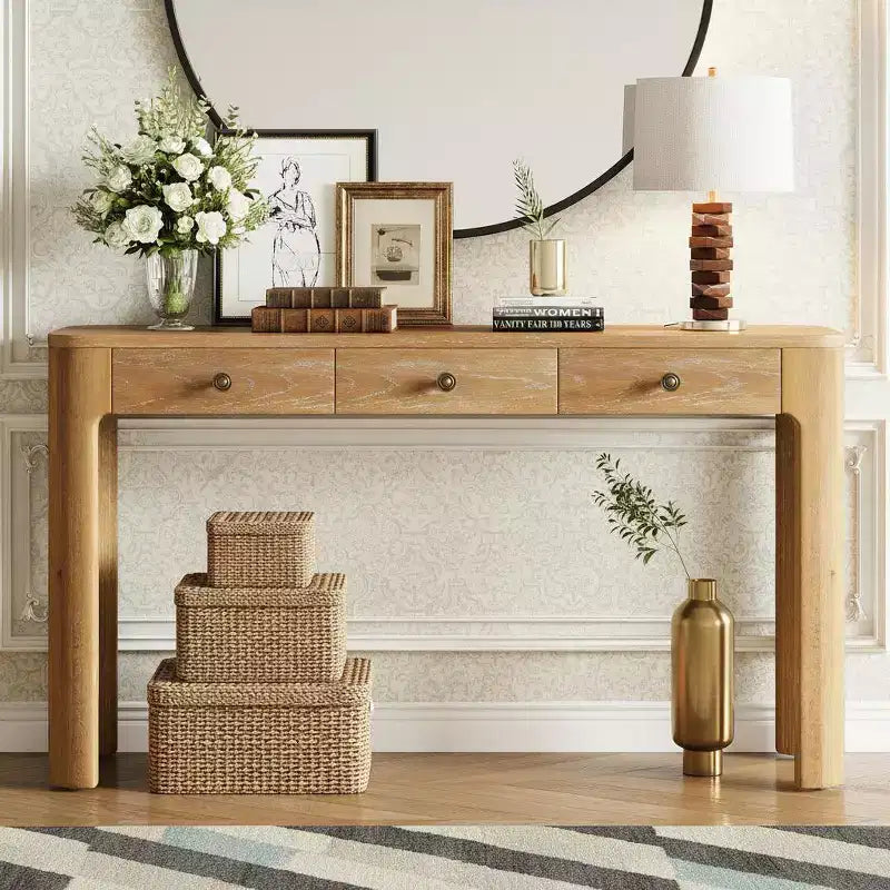 52" Curved Edge Console Table with 3 Hidden Drawers – Rustic Wood Veneer Entryway Table