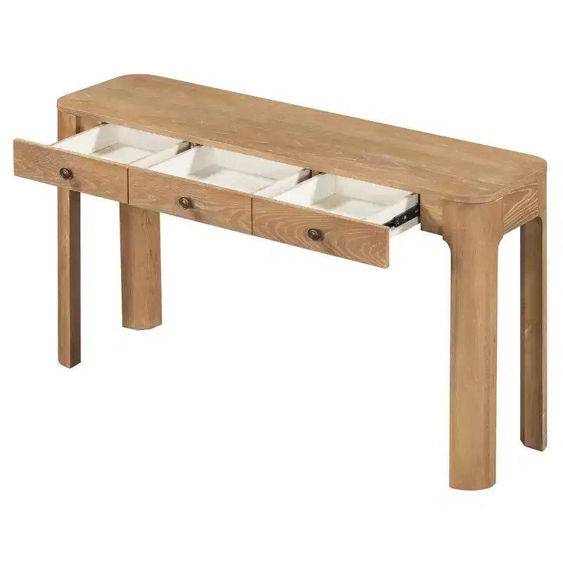52" Curved Edge Console Table with 3 Hidden Drawers – Rustic Wood Veneer Entryway Table
