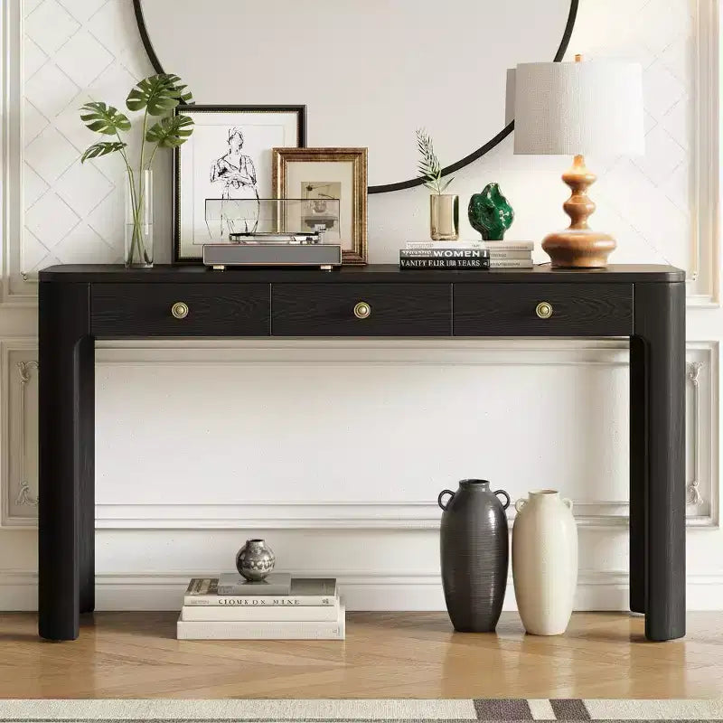 52" Curved Edge Console Table with 3 Hidden Drawers – Rustic Wood Veneer Entryway Table
