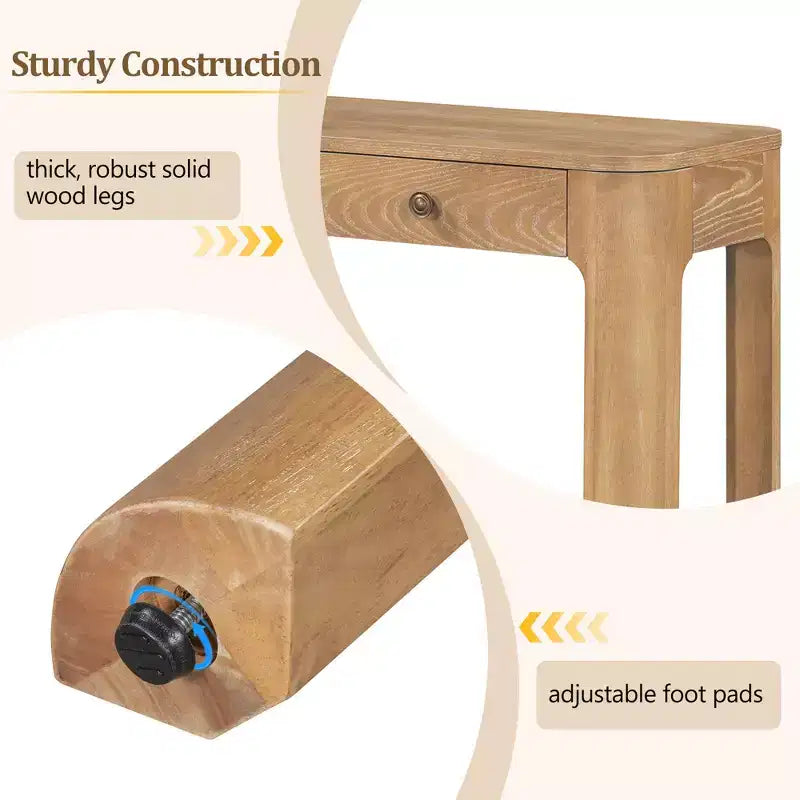 52" Curved Edge Console Table with 3 Hidden Drawers – Rustic Wood Veneer Entryway Table