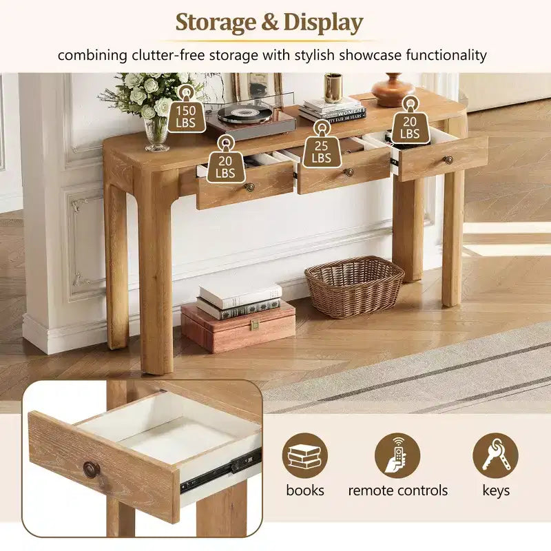 52" Curved Edge Console Table with 3 Hidden Drawers – Rustic Wood Veneer Entryway Table