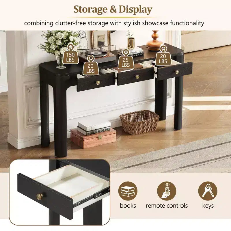 52" Curved Edge Console Table with 3 Hidden Drawers – Rustic Wood Veneer Entryway Table