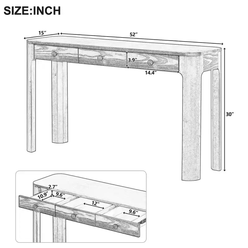 52" Curved Edge Console Table with 3 Hidden Drawers – Rustic Wood Veneer Entryway Table