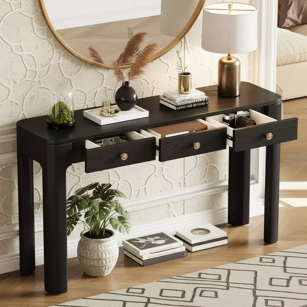 Polibi Curved Edge Console Table with 3 Hidden Drawers
