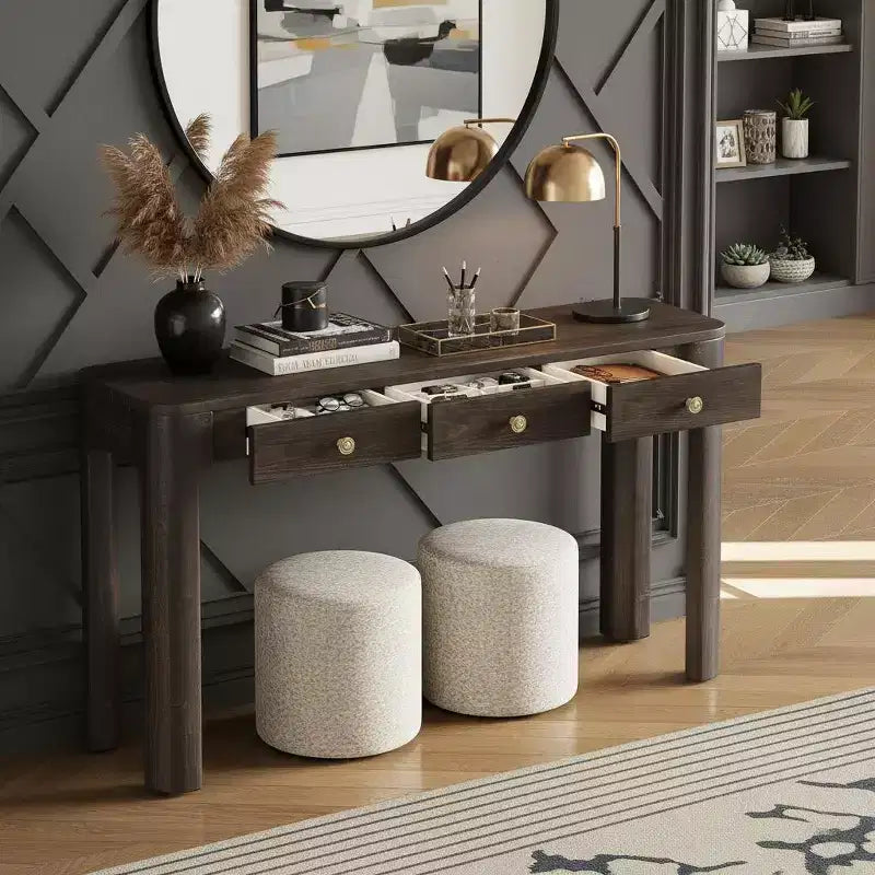 52" Curved Edge Console Table with 3 Hidden Drawers – Rustic Wood Veneer Entryway Table