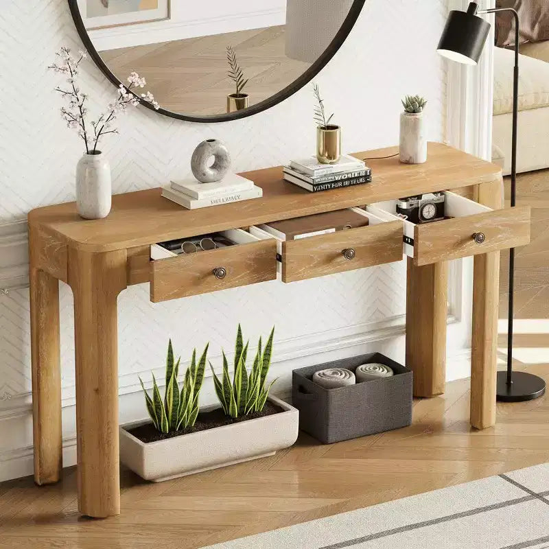 52" Curved Edge Console Table with 3 Hidden Drawers – Rustic Wood Veneer Entryway Table
