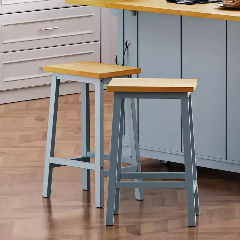 Set of 2 Rustic Counter Height Bar Stools with Footrests – Wood Seat & Black Metal Frame, 25.6" Tall
