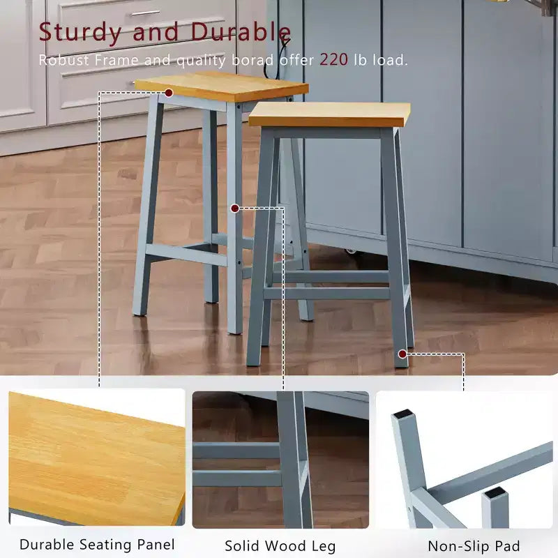 Set of 2 Rustic Counter Height Bar Stools with Footrests – Wood Seat & Black Metal Frame, 25.6" Tall