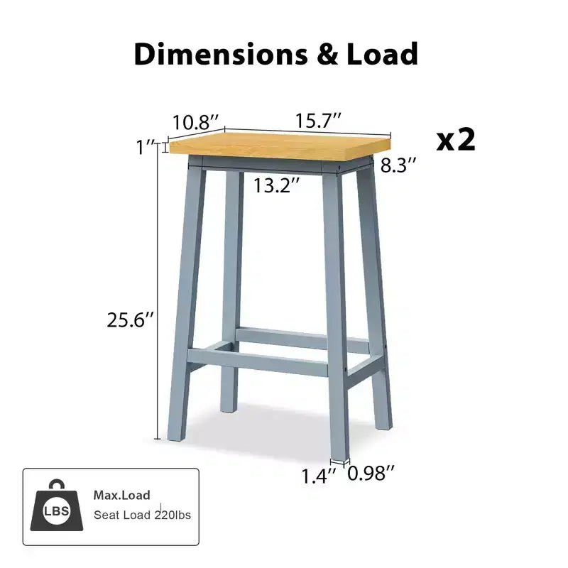 Set of 2 Rustic Counter Height Bar Stools with Footrests – Wood Seat & Black Metal Frame, 25.6" Tall