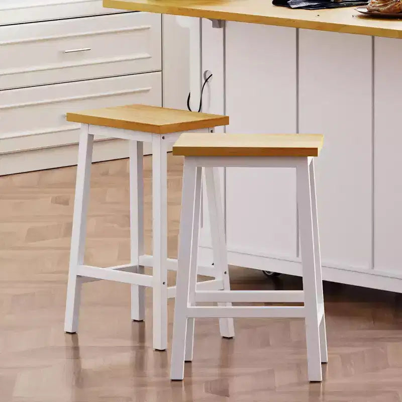 Set of 2 Rustic Counter Height Bar Stools with Footrests – Wood Seat & Black Metal Frame, 25.6" Tall