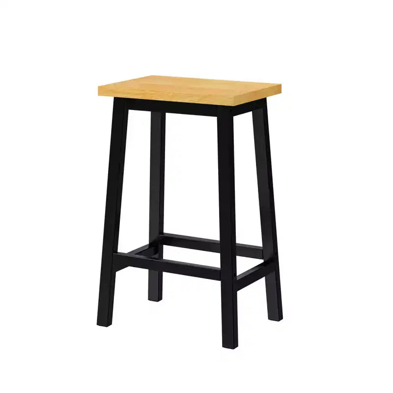 Set of 2 Rustic Counter Height Bar Stools with Footrests – Wood Seat & Black Metal Frame, 25.6" Tall