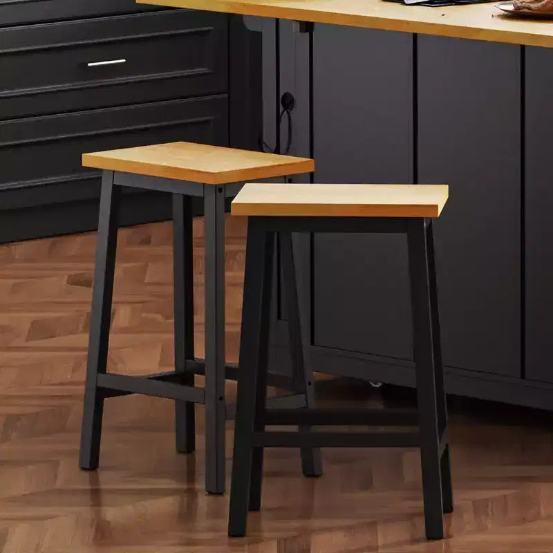Set of 2 Rustic Counter Height Bar Stools with Footrests – Wood Seat & Black Metal Frame, 25.6" Tall