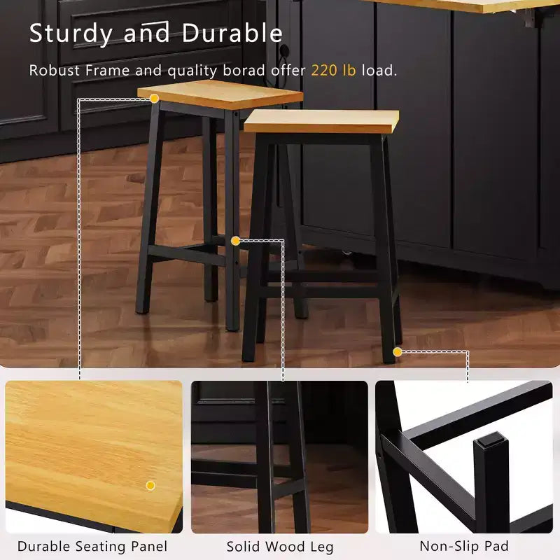 Set of 2 Rustic Counter Height Bar Stools with Footrests – Wood Seat & Black Metal Frame, 25.6" Tall
