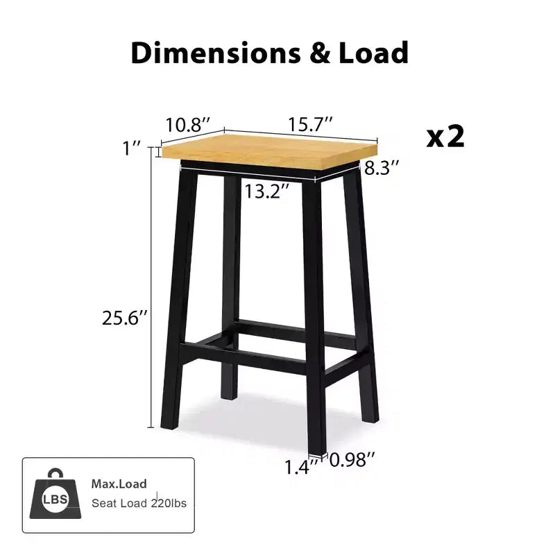 Set of 2 Rustic Counter Height Bar Stools with Footrests – Wood Seat & Black Metal Frame, 25.6" Tall