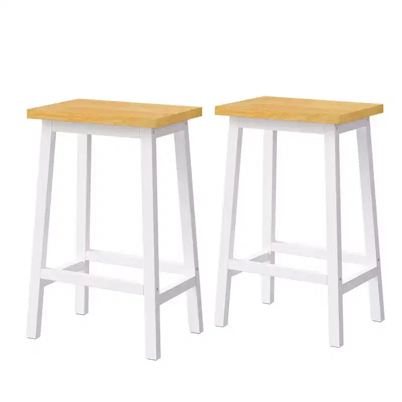 Set of 2 Rustic Counter Height Bar Stools with Footrests – Wood Seat & Black Metal Frame, 25.6" Tall
