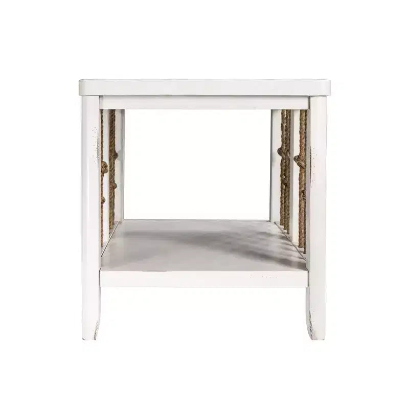 Coastal White Wood End Table with Knotted Rope Panels, Planked Top & Bottom Shelf