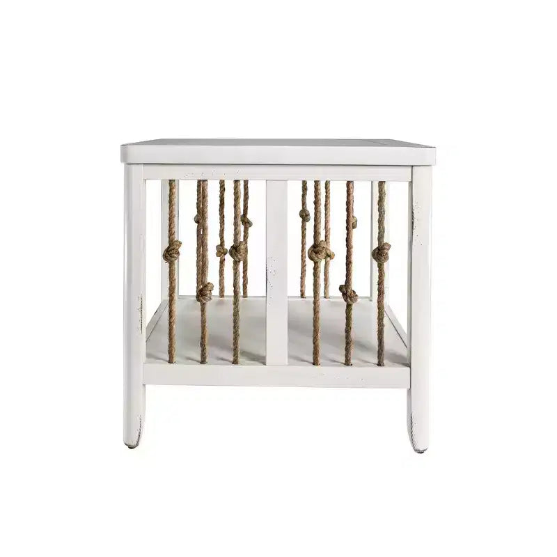 Coastal White Wood End Table with Knotted Rope Panels, Planked Top & Bottom Shelf