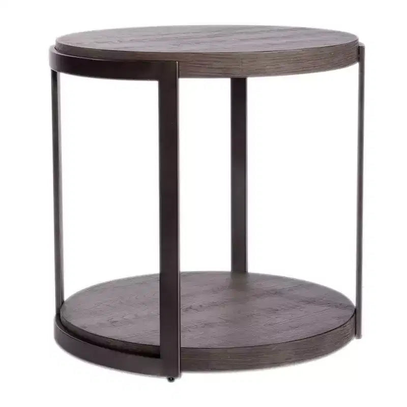 Round Gray Wood End Table with Pewter Metal Legs & Open Bottom Shelf – Modern Style