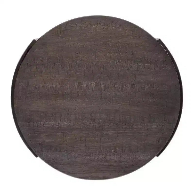 Round Gray Wood End Table with Pewter Metal Legs & Open Bottom Shelf – Modern Style
