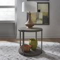 Round Gray Wood End Table with Pewter Metal Legs & Open Bottom Shelf – Modern Style