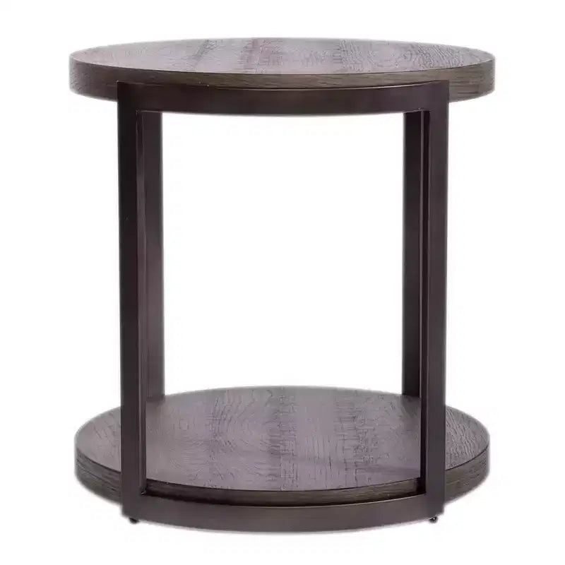 Round Gray Wood End Table with Pewter Metal Legs & Open Bottom Shelf – Modern Style