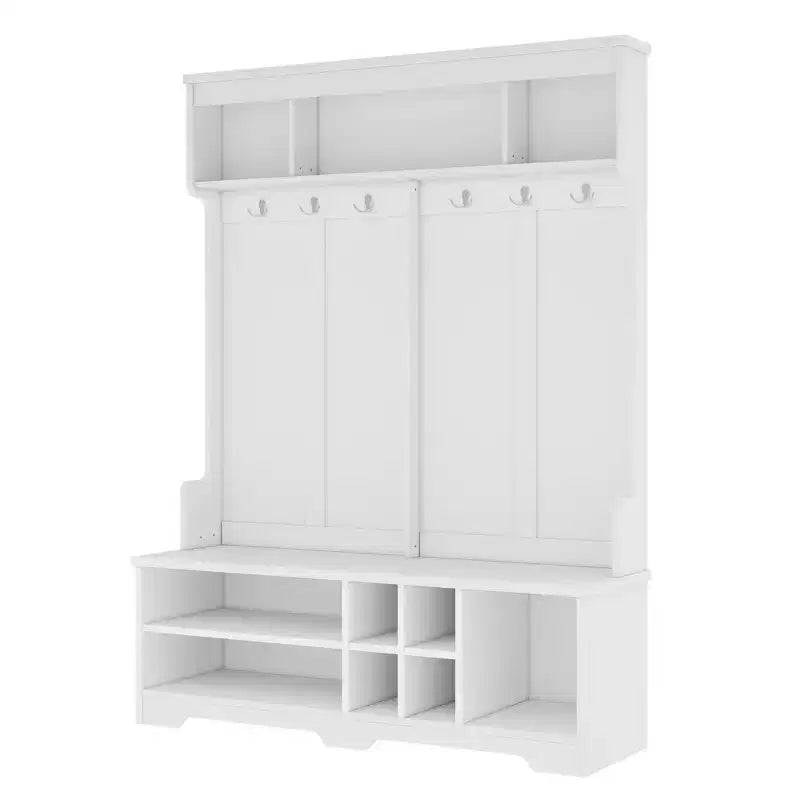Modern Hall Tree with 6 Metal Hooks, Shoe Cubbies & Bench – Entryway Coat Rack, White