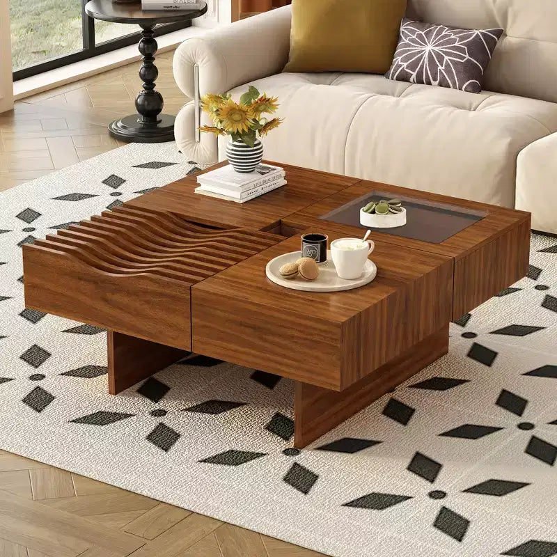 Quadratischer Couchtisch mit Schubladen und gehärtetem Glasdisplay – Aufbewahrungs-Couchtisch für Wohnzimmer  