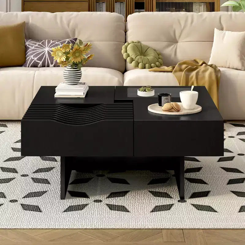 Square Coffee Table with Drawers and Tempered Glass Display – Storage Center Table for Living Room
