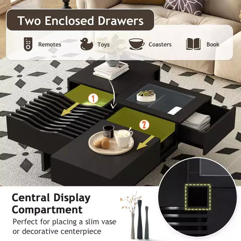 Quadratischer Couchtisch mit Schubladen und gehärtetem Glasdisplay – Aufbewahrungs-Couchtisch für Wohnzimmer  