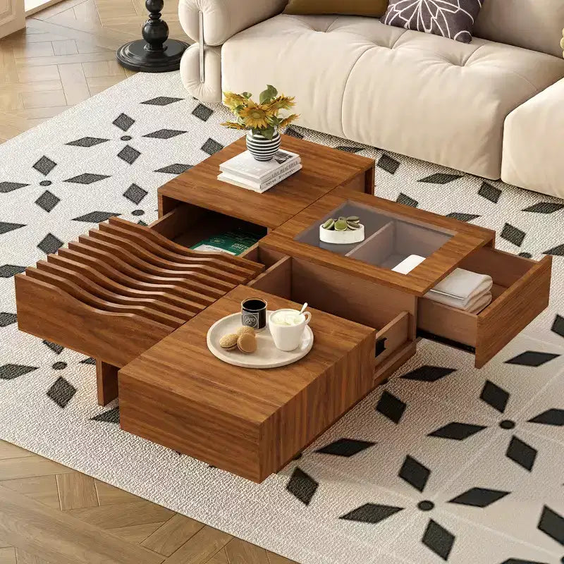Square Coffee Table with Drawers and Tempered Glass Display – Storage Center Table for Living Room