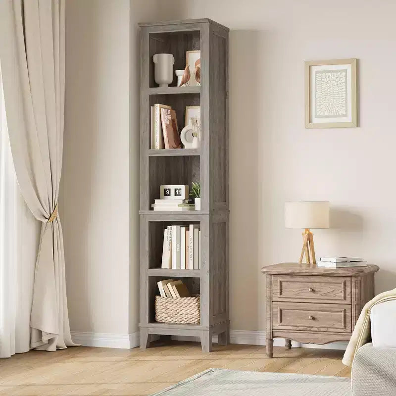 71-Inch Tall 5 Tier Farmhouse Bookcase with Adjustable Shelves and Wooden Legs – Rustic Vintage Bookshelf for Living Room