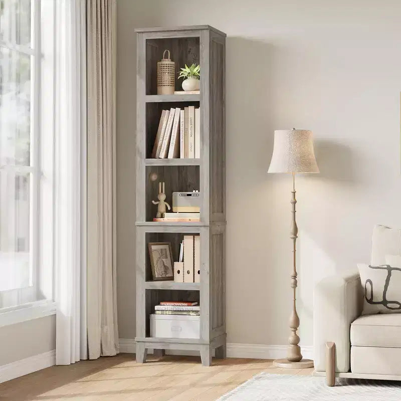 71 Zoll hoher 5-stöckiger Bauernhaus-Bücherregal mit verstellbaren Regalen und Holzbeinen – Rustikales Vintage-Bücherregal für Wohnzimmer  