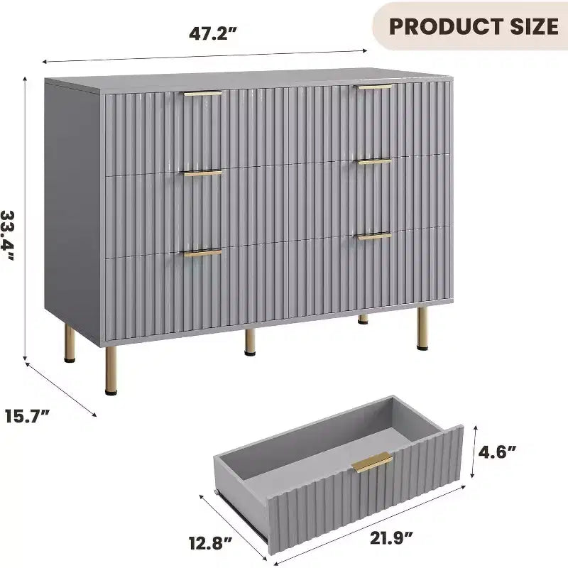 Moderner Sideboard mit 6 geriffelten Schubladen und Metallbeinen – Holzkommode und Beistelltisch für Schlafzimmer und Wohnzimmer  