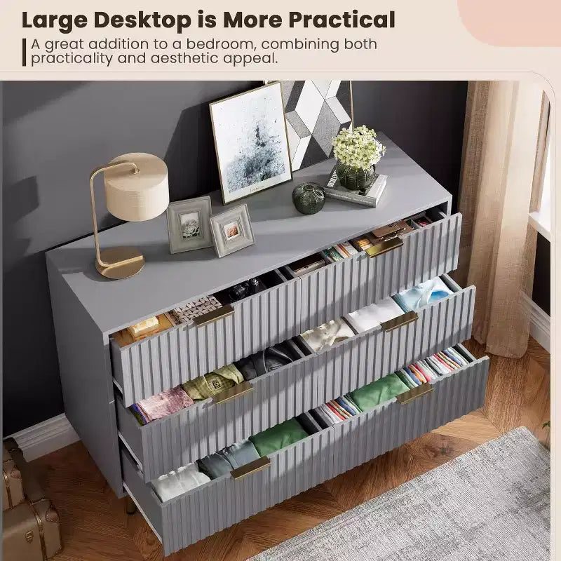 Moderner Sideboard mit 6 geriffelten Schubladen und Metallbeinen – Holzkommode und Beistelltisch für Schlafzimmer und Wohnzimmer  