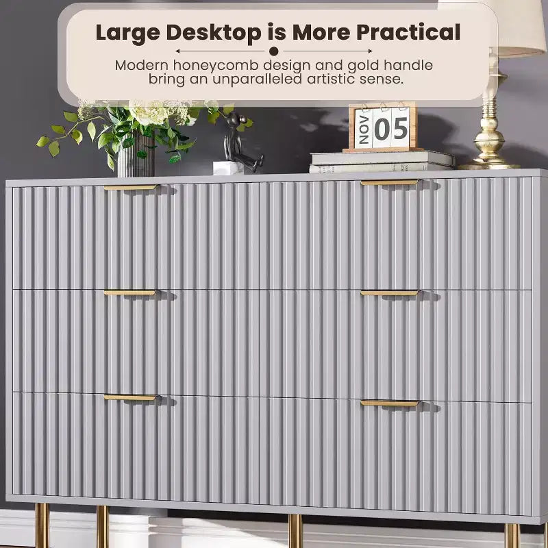 Moderner Sideboard mit 6 geriffelten Schubladen und Metallbeinen – Holzkommode und Beistelltisch für Schlafzimmer und Wohnzimmer  