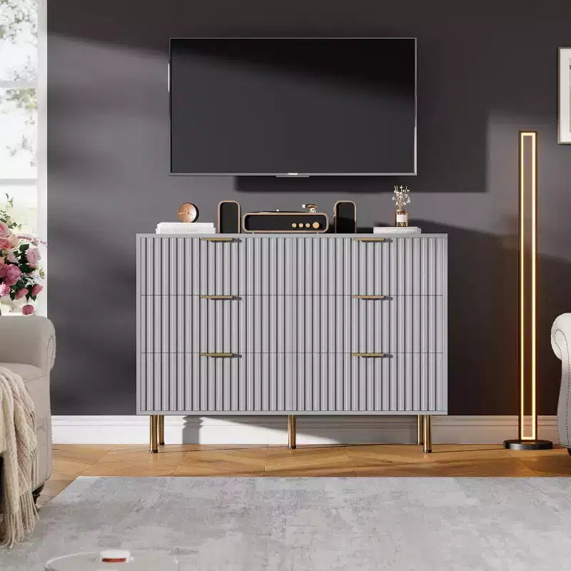 Moderner Sideboard mit 6 geriffelten Schubladen und Metallbeinen – Holzkommode und Beistelltisch für Schlafzimmer und Wohnzimmer  